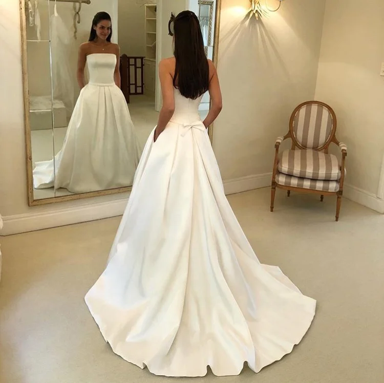 Strapless Satin Bridal Boob Tube Top Design Cheap Made in China Wedding Dresses With Pocket