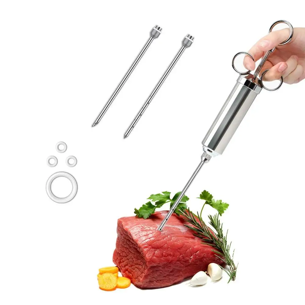 60ml Grill Marinade Meat Flavor Injector Needles Stainless Steel Cooking Tools 