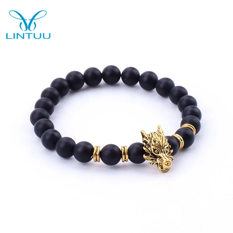 Inspirational Chinese Dragon Pendant Beads Bracelet Ethnic Geometric Alloy Zodiac Bracelet with Onyx for Anniversary