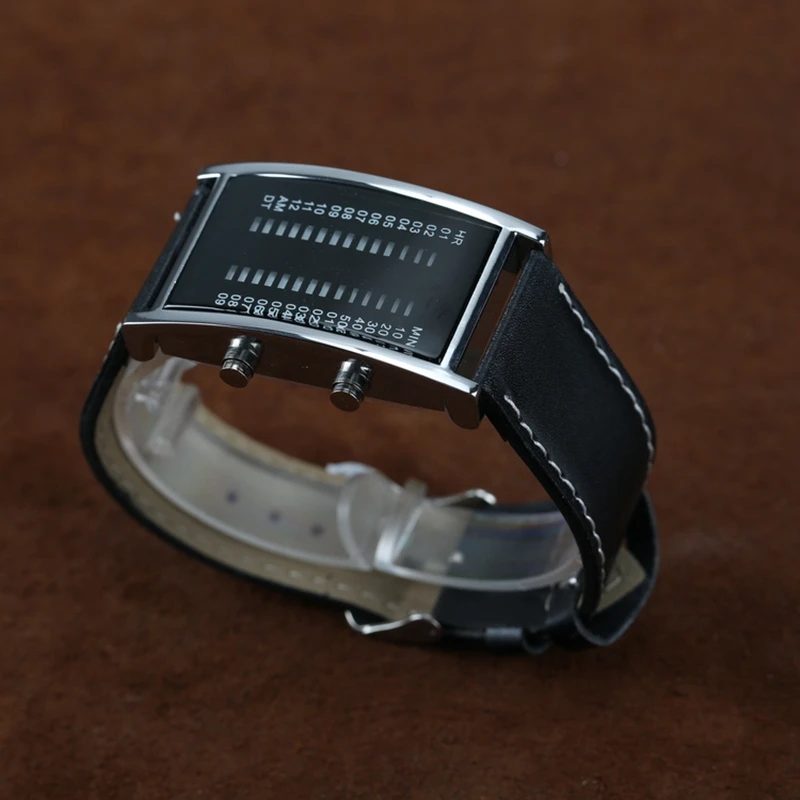 Unique Bridge Rectangle Shape Binary Led Watches Men Fashion Blue Light Display Leather Luxury Sports Digital Watch Relojes Hot