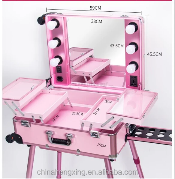 Multi-functional Professional Makeup Studio Suitcase Beauty Salon Led Lights Mirror Cosmetic Cases with Retractable Legs