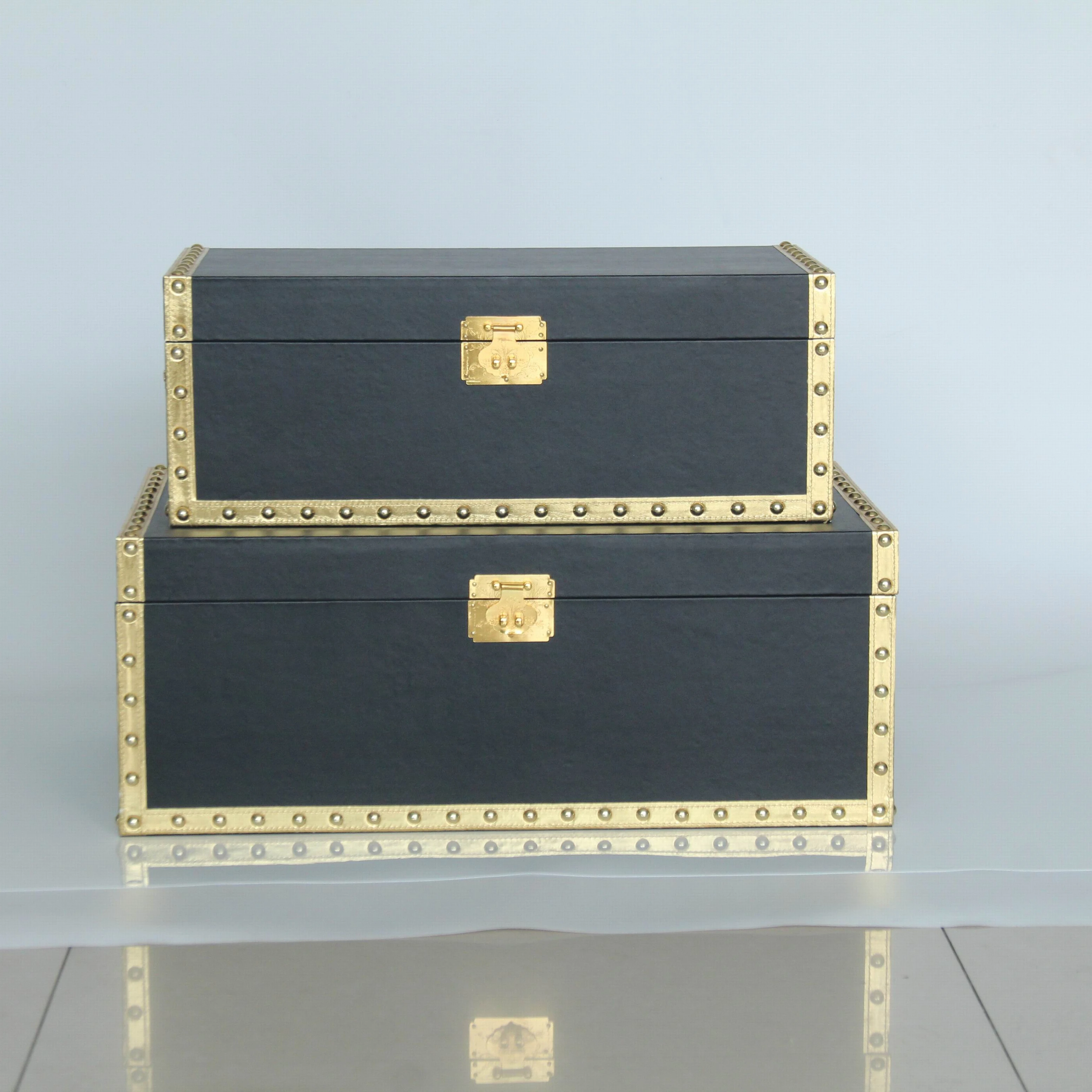 Set of 2 Faux Leather Storage Trunks with Gold Accessories