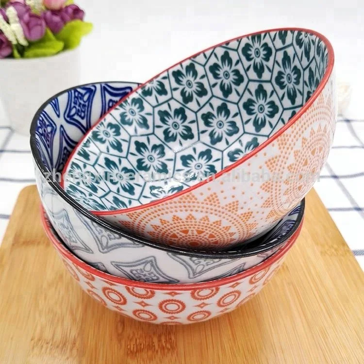 Japanese Creative Bohemian Pattern Porcelain Dinnerware Pad Printed Striped Bowl Ramen Soup Rice Safe Home Restaurant Use