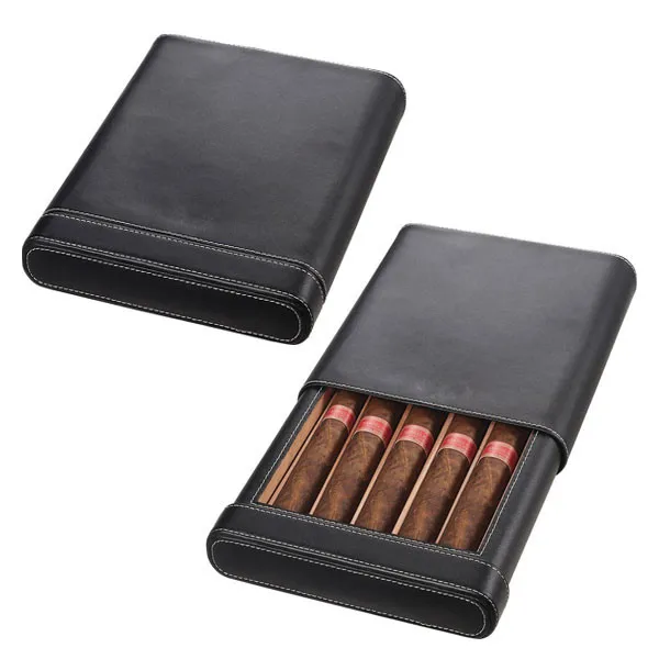 Wholesale PU Leather Cedar Wood Cigar case Hold 5