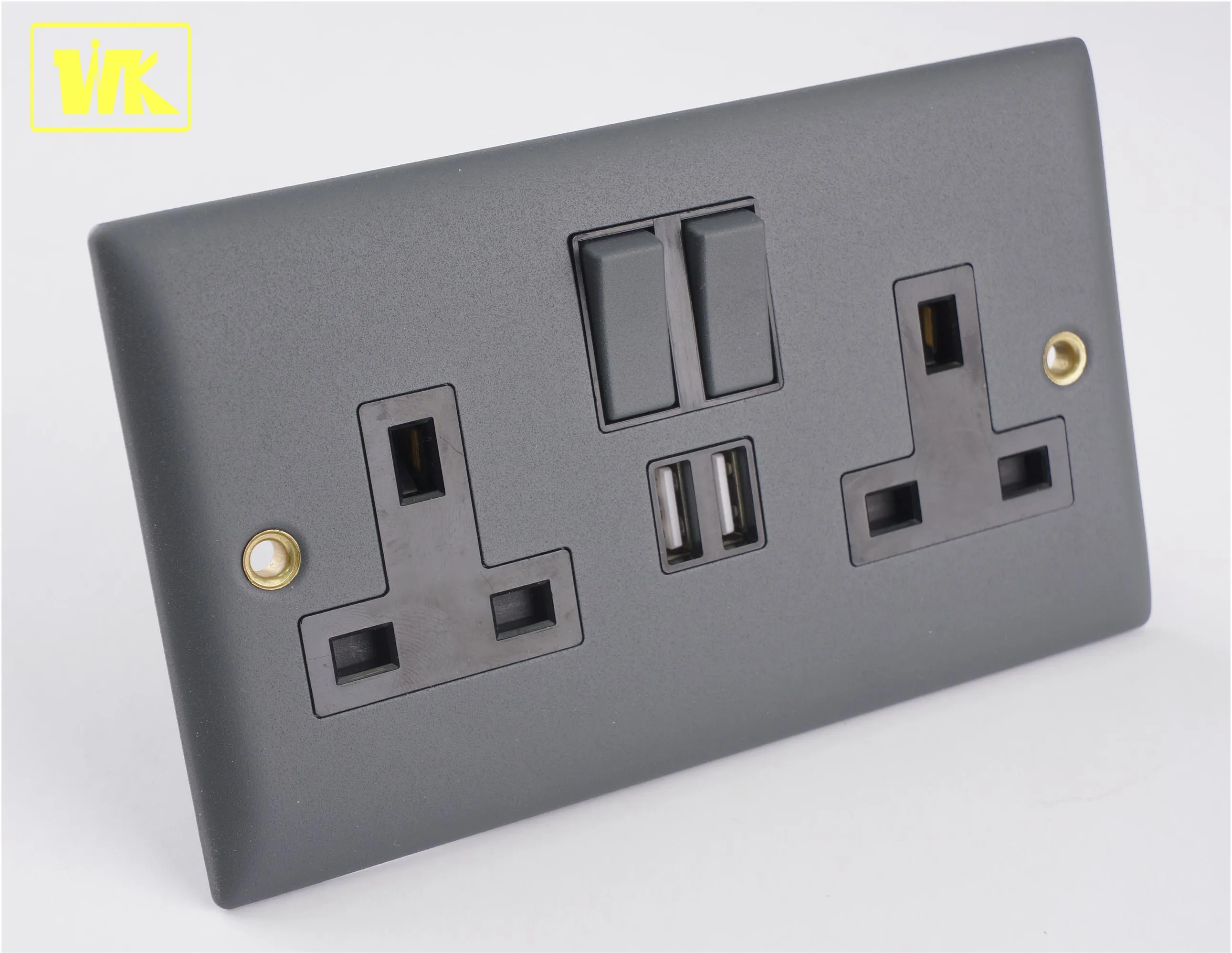 USB Double Wall Plug Socket 2 Gang 13A 2 Charger Port Outlets Black Anthracite