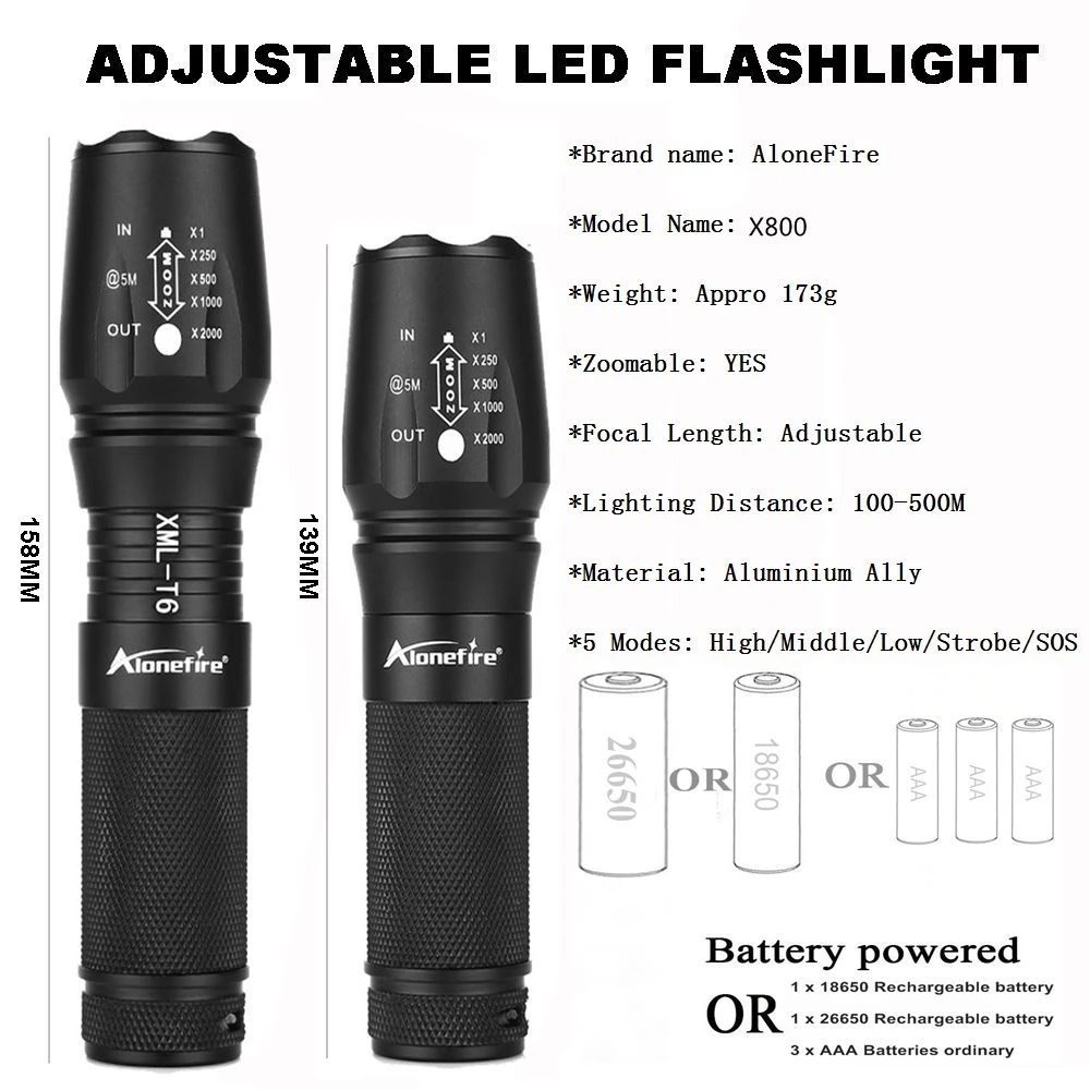 AloneFire X800 XM-L2 Led Zoom High Power Flashlight Spotlight Torch Lantern Work Camping Candle Light 18650 Rechargeable Battery
