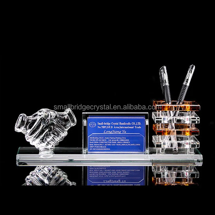 New Design Office Decoration Glass Crystal Pen Holder With Handshakes