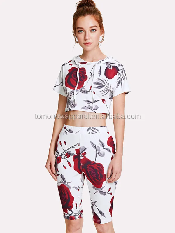 Кроп-худи с принтом роз, футболка с леггинсами от производителя, оптовая продажа, модная женская одежда (TA4060SS)