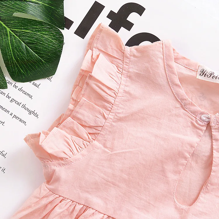 Для маленьких девочек Летняя хлопковая с рюшами без рукавов розовое платье