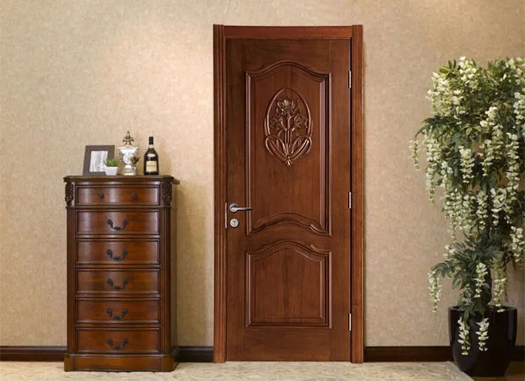 Modern Simple Design Solid Wood Panel Flower Carving Timber Door