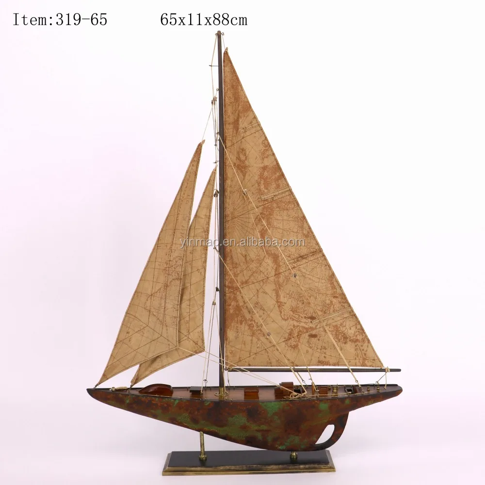 Antique Rusty Wooden Sailing Ship Model,65x11x88cm,Map Printed Sail ...