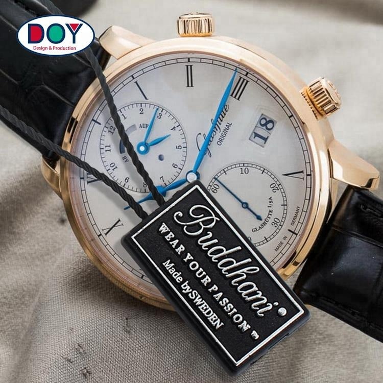 High Quality Custom Own Brand Embossed Logo Plastic Hang Labels Seal Watch Tag With Nylon String