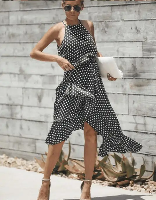 2023 Lady Summer Sleeveless Halter Dresses - Polka Dot Long 2023 Lady Summer Sleeveless Halter Dresses - Polka Dot Long
