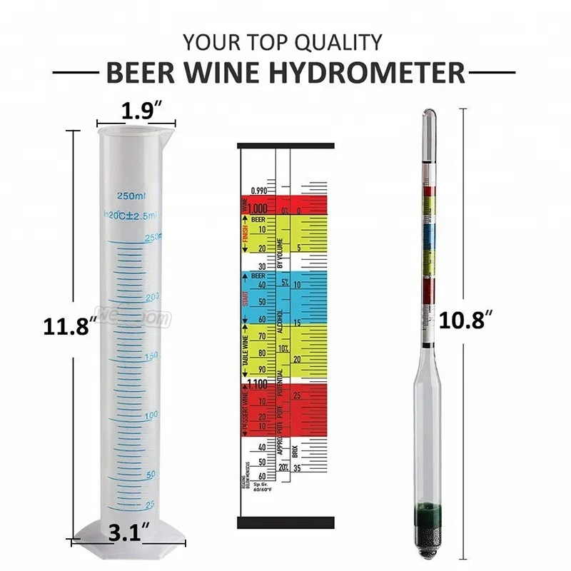 Kit Hydromètre Triple Échelle Avec Bocal En Verre Pour Vin, Bière, Mead & Cidre - Mesure ABV, Brix Et Gravité Spécifique