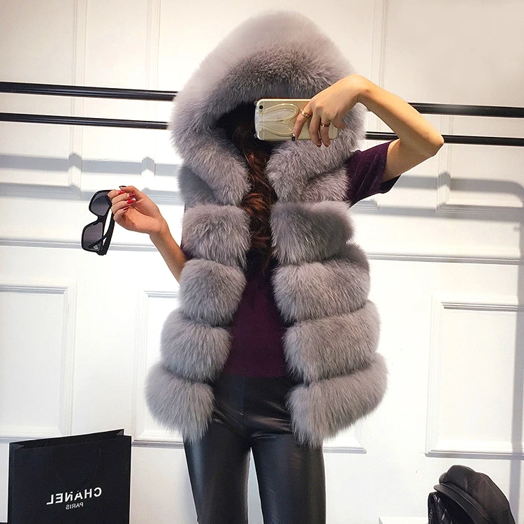 Fashion Design Women Warm Fur Sleeveless Jacket Winter Grey White Hooded  Fox Fur Vest