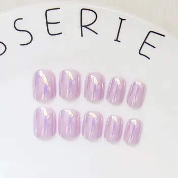 Unicorn Chrome Press On Fake Nails: 24pcs Light Purple Acrylic False Nails