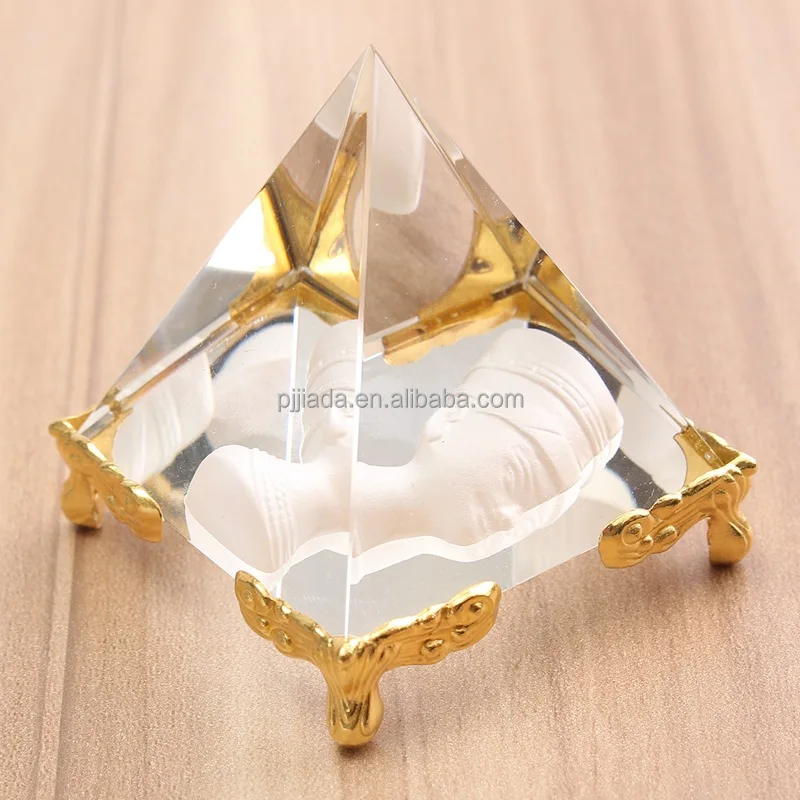Triangle Clear K9 Crystal Glass Pyramid 3D Laser Etched with Gold Base Personalized logo Engraving Paperweight