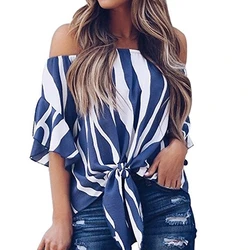 Женская рубашка в полоску, с открытыми плечами и рукавом-колоколом