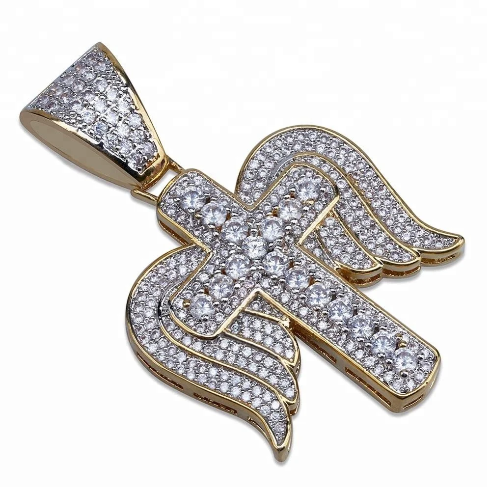 Iced Out Religious Cross Angel Wings 