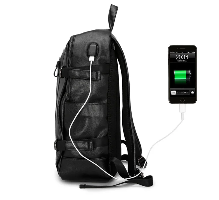 Fashion Travel Big Capacity Popular PU Men Women Leather Backpack with Earphone Hole