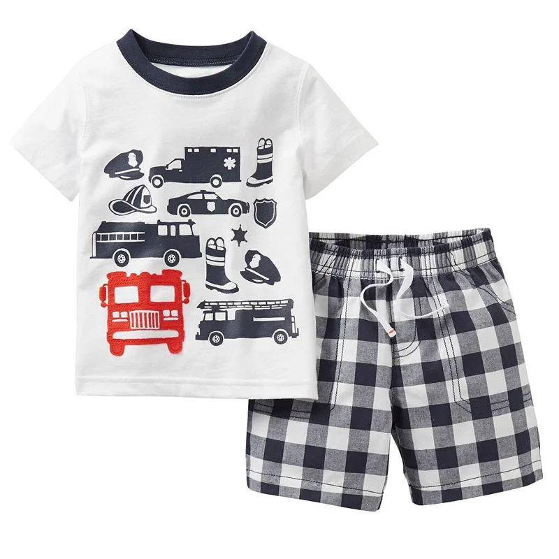 US Summer Toddler Kids Boy Cartoon Tops T-shirt Plaid Shorts Outfits Set Clothes