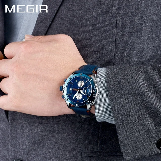 MEGIR Chronograph Relogio Masculino Blue Leather Business Quartz Creative Wrist Watch