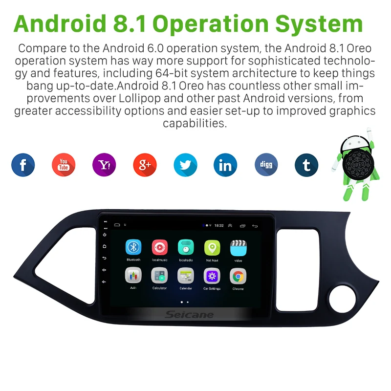 9 Inch Android 11.0 Support Mirror Link Rearview Camera Music  Car Radio GPS Navigation System for 2011-2014 KIA Morning RHD