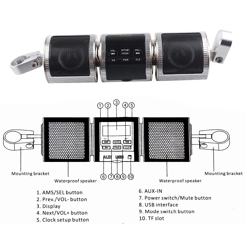 Aoveise Mt487 Bluetooth Motorcycle Audio System Mp3 Music Speakers