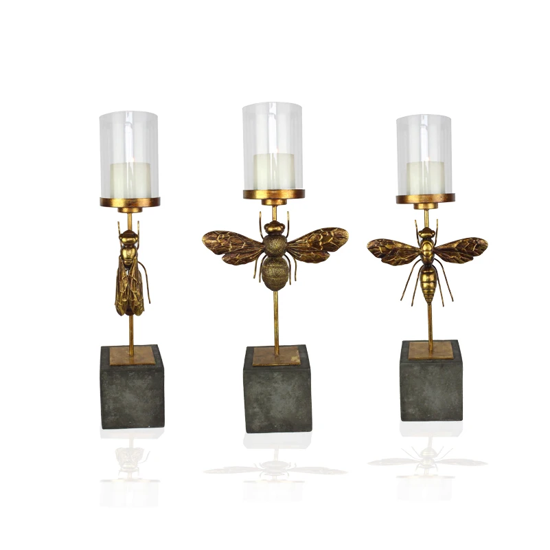 3D Resin Gold Insect Sculpture Glass Cover Candle Holder with Cement Stand Home Decor