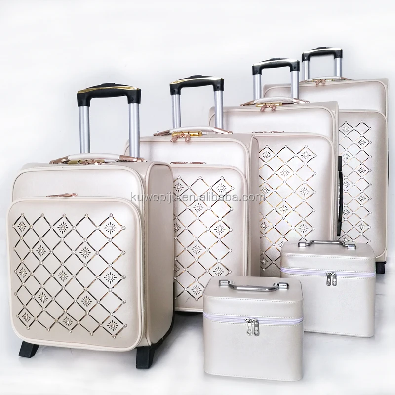 Яркий белый цвет diamend косметический случай 2 колеса pu кожаный чемодан Спиннер чемодан/сумка на колесиках, комплект из 6 штук