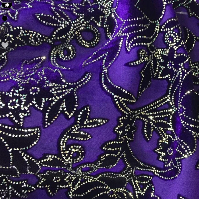 Elegant Floral African Purple Silk Velvet Glitter Lace Fabric for