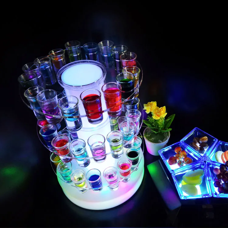 LED Lighted Acrylic Rotating Shot Glass Flight Tray Revolving Glasses Display Stand
