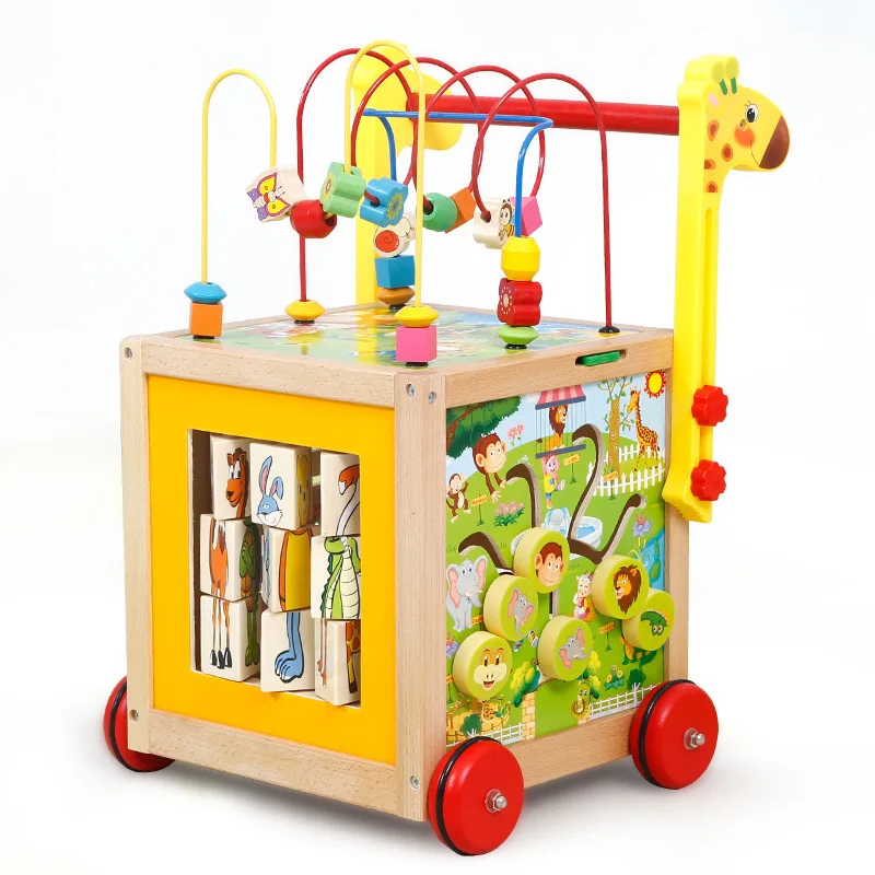 Infant Baby Early Walker Puzzle Multifunctional Learning Round Beads Educational Wooden Trolley Toys
