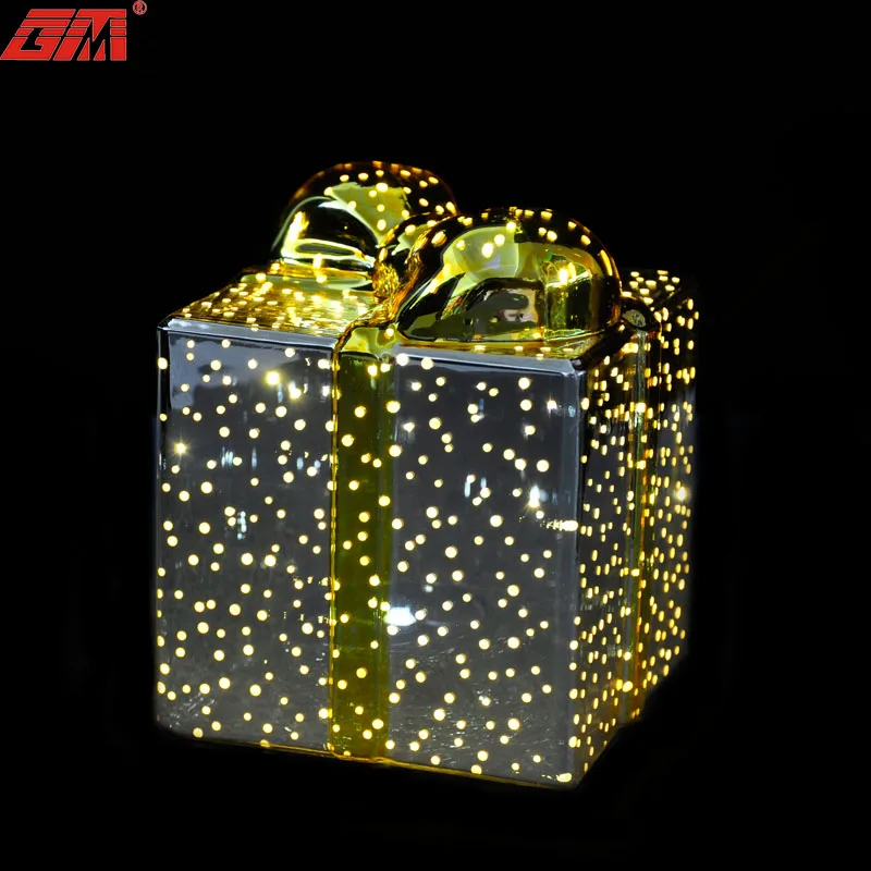 Popular led lighted glass gift box of christmas ornaments shaped ornaments christmas present decorations manufacture