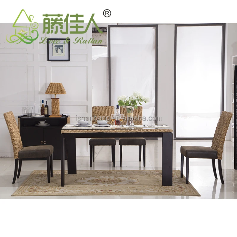 Java Home Living Sunroom Natural Rattan Water Hyacinth Bamboo Dining Table Chairs Set Bali Style Indonesia Furniture