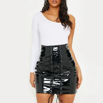 Black Vinyl Lace up Mini Skirt Faux Leather A-line 100% Polyurethane New Style Sexy & Club 2019 Lady for Women Adults