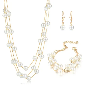 S441 Fashion Bridal Wedding Jewelry Sets Sweet Multi-laye Imitation Pearl Necklace Earring And Bracelet Sets Ladies Jewelry