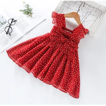 2019 the latest new fashion popular large bow chiffon white wave dots spaghetti strap red kids girls casual dress 3 to 5 years