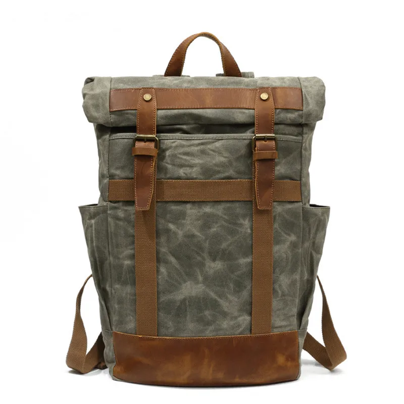 Retro Canvas And Crazy-horse Leather Waterproof Travelling Hiking Backpack