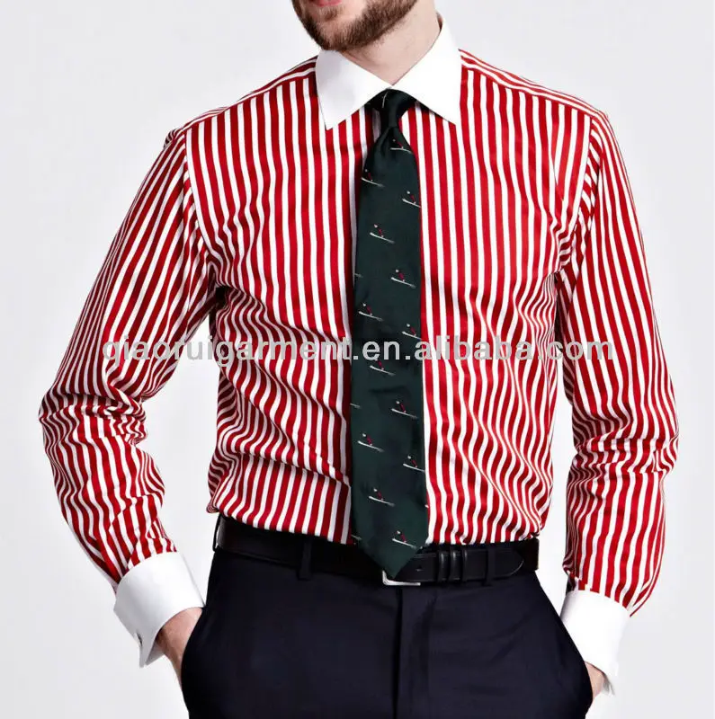 Mens Red Stripe Cutaway Collar Slim Fit Shirt
