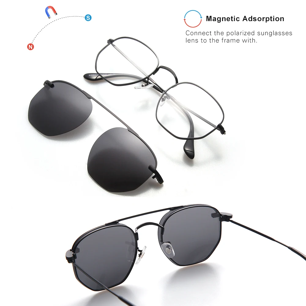 Fashion Irregular Spectacle Eyewear Factory Supply Hexagon Metal Optical Frame With Magnetic Polarized Clip on Sunglasses