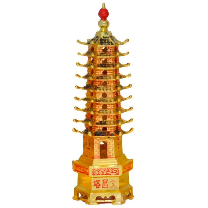 Chinese Wenchang Tower Pagoda Fengshui Statue Ornament Figurines Golden XS 
