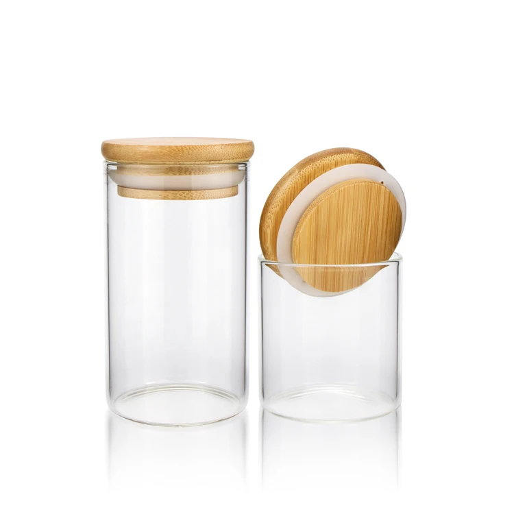 10 oz Premium Borosilicate Clear Glass Empty Jars with Bamboo Silicone Sealed Lid (2 Pack)