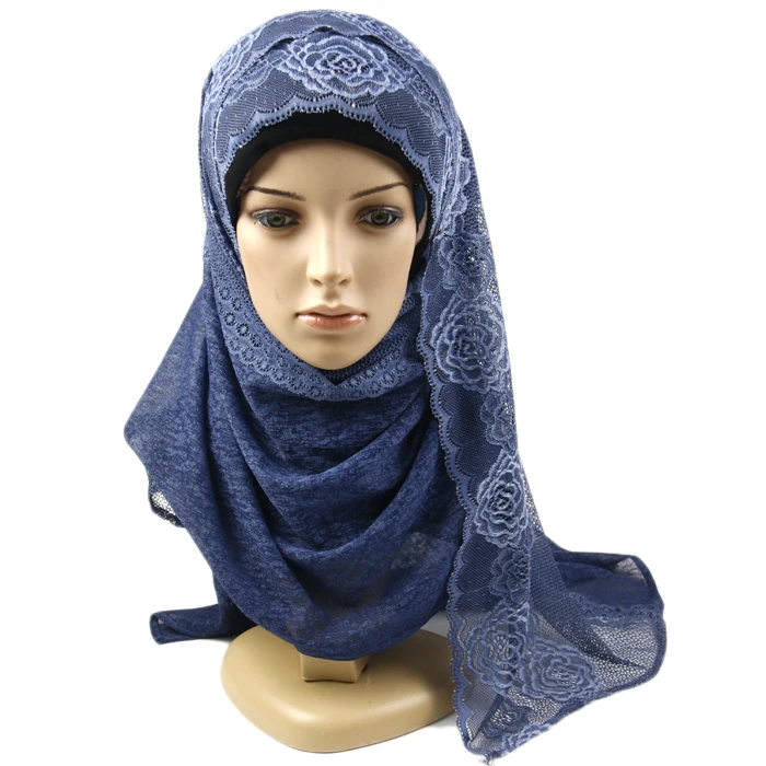 Muslim Hijab One Pieces Amira Scarf Islamic Flower Lace Headwear Arab Wrap Shawl 