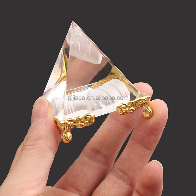 Triangle Clear K9 Crystal Glass Pyramid 3D Laser Etched with Gold Base Personalized logo Engraving Paperweight