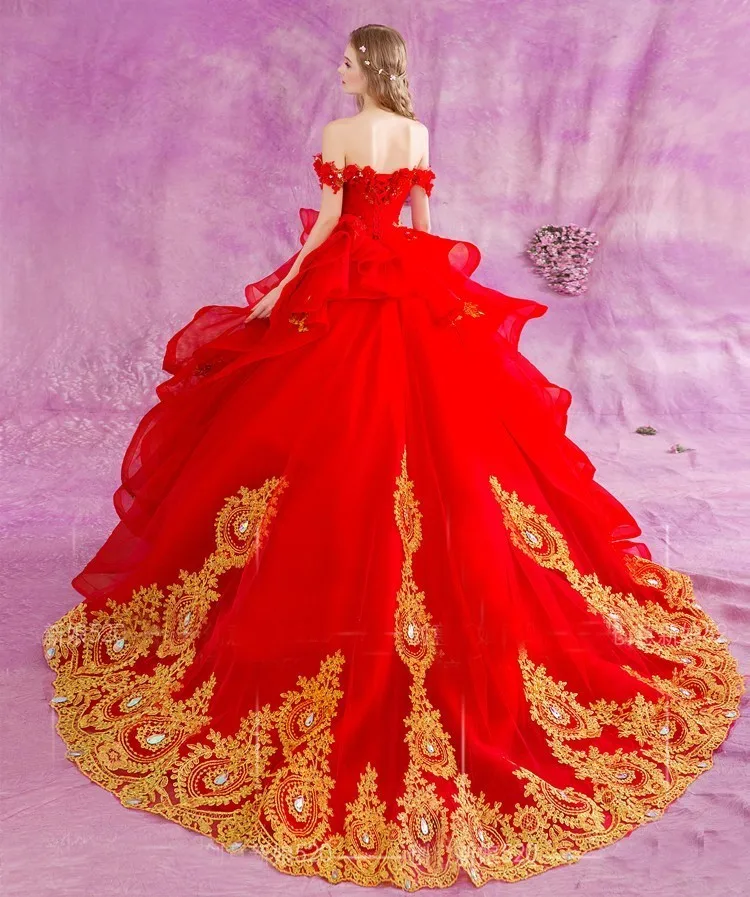 Gothic Red Ball Gown Wedding Dress with Gold Lace Appliques | Princess Style, Available in Custom Sizes - Modern Bridal Apparel Gothic Red Ball Gown Wedding Dress with Gold Lace Appliques | Princess Style, Available in Custom Sizes - Modern Bridal Apparel