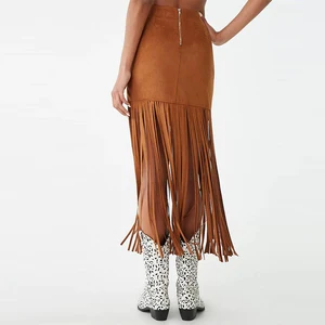 Latest Fashion Casual Style Empire Waistline Faux Suede Fringe Midi Pencil Skirt