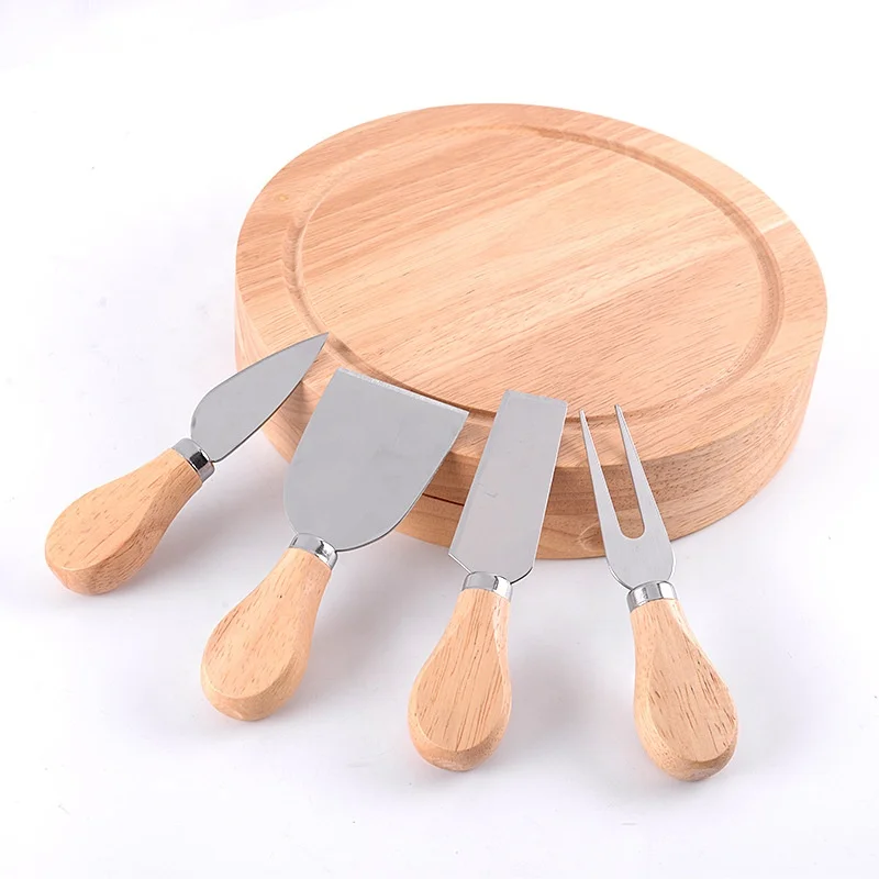 Cheese Mezzaluna Cutting Board and 4 Piece Round Wood Cheese Board Set