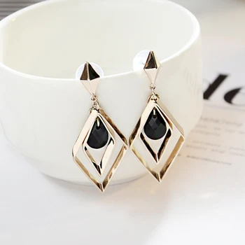 S925 silver stud earrings korean long earrings simplifly shaped Geometric diamond personality black crystal earrings