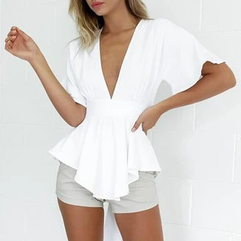 2020 summer Latest Fashion Sexy Plain White Deep V Neck Short Sleeve Solid Chiffon Blouses For Women tops and shirts
